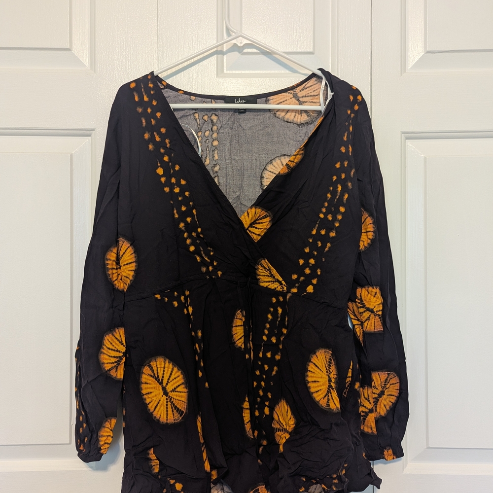 Lulu's Black and Orange Tie-Dye Wrap Jumpsuit